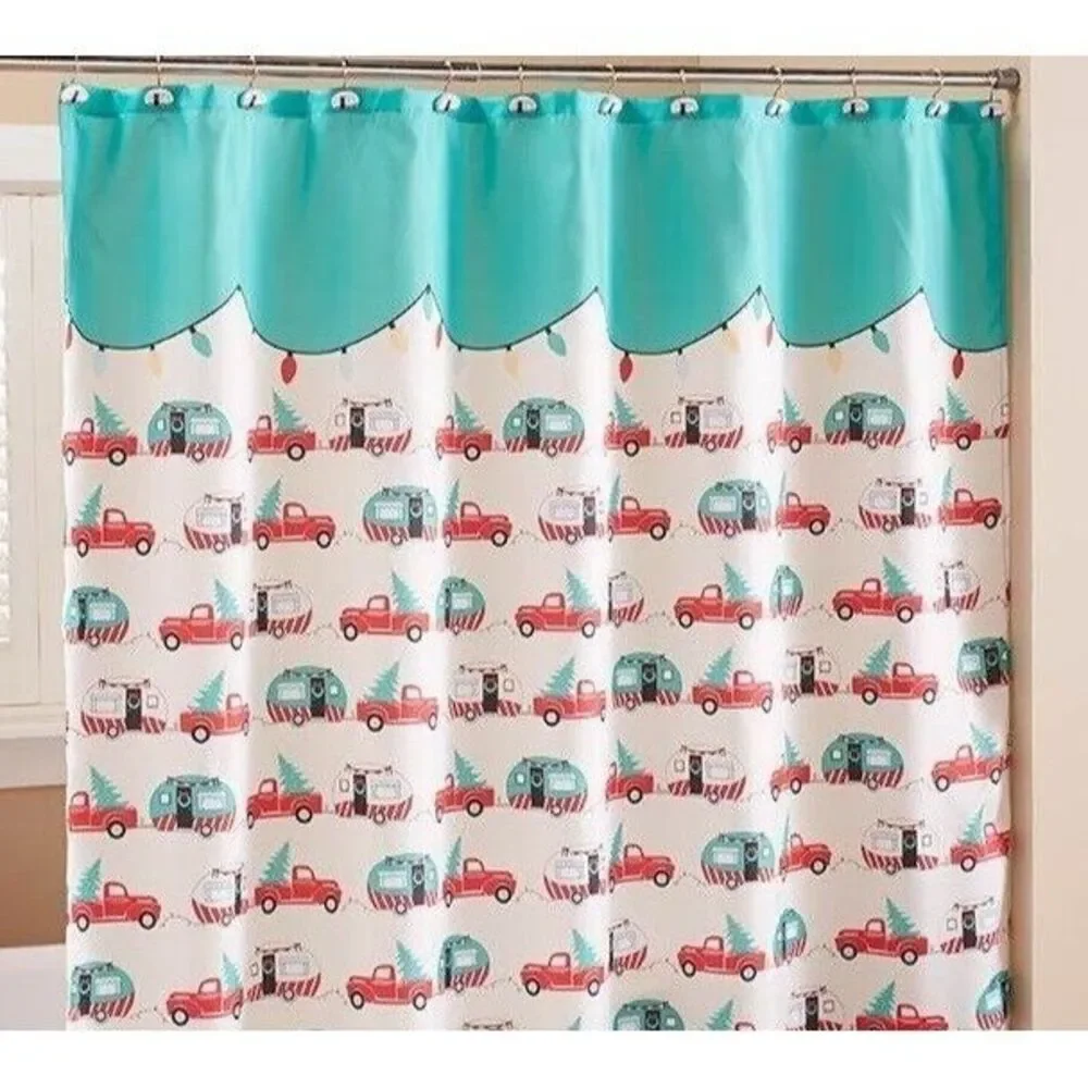 Holiday Retro Blue Camper Red Truck Shower Curtain Polyester Bath Gift NEW